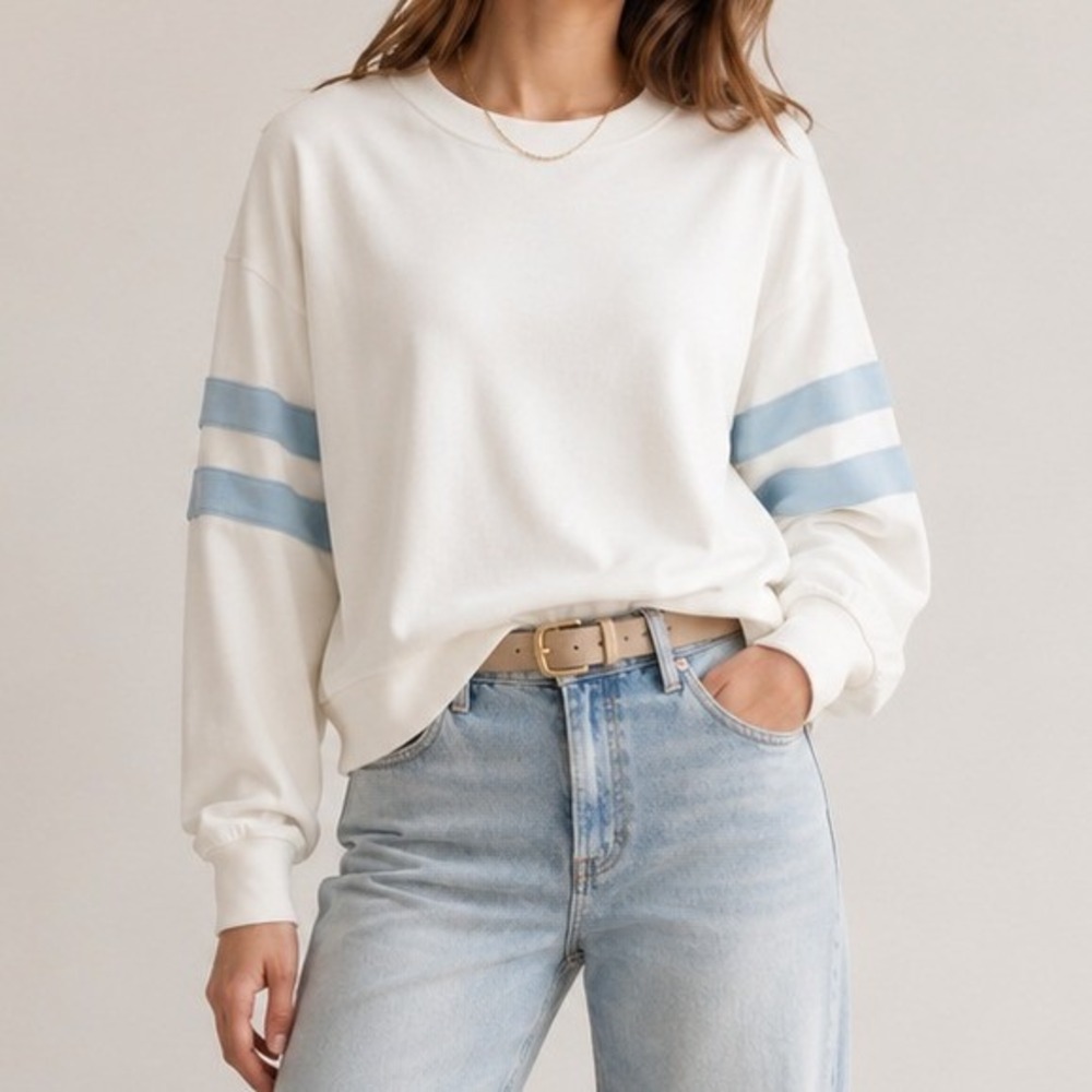 Madewell Sweatshirt Crewneck Varsity Stripe Oversized White Blue NY284‎ XXS NWT